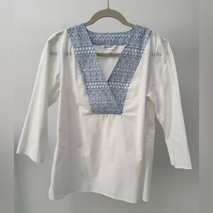 Brooks Brothers White and‎ Blue Embroidered Tunic Top, Size M